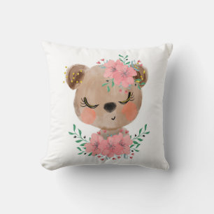 Watercolor Bear with Florals Throw Pillow