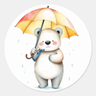 Watercolor Bear with Umbrella and Raindrops Classic Round Sticker