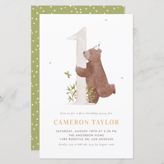 Watercolor Bear Woodland First Birthday Invitation (Front/Back)
