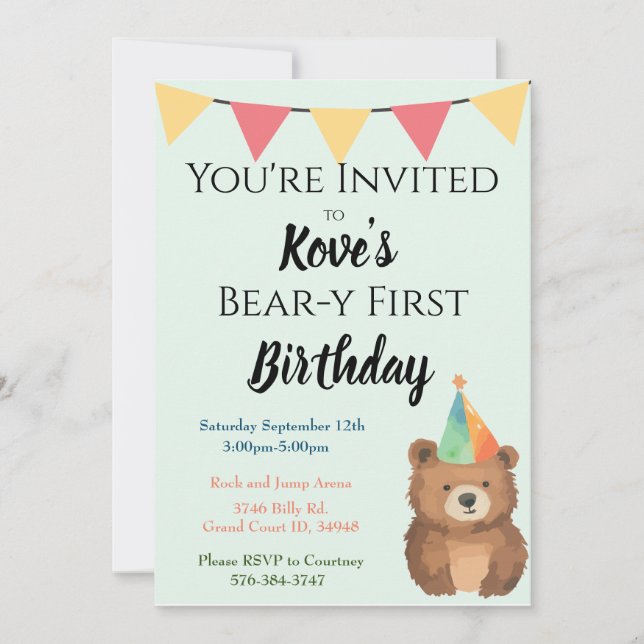 Watercolor Bear-y First Birthday Invite (Front)