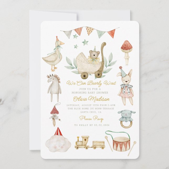 Watercolor Bearly Wait Cute Toys Baby Shower Invitation (Front)