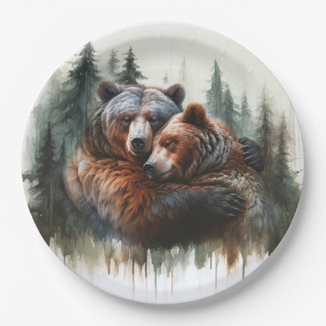 Watercolor Bears Rustic Wilderness Wedding Paper Plate (Front)