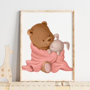 Watercolor Beary Bunny Hug   Bear Wall Print 
