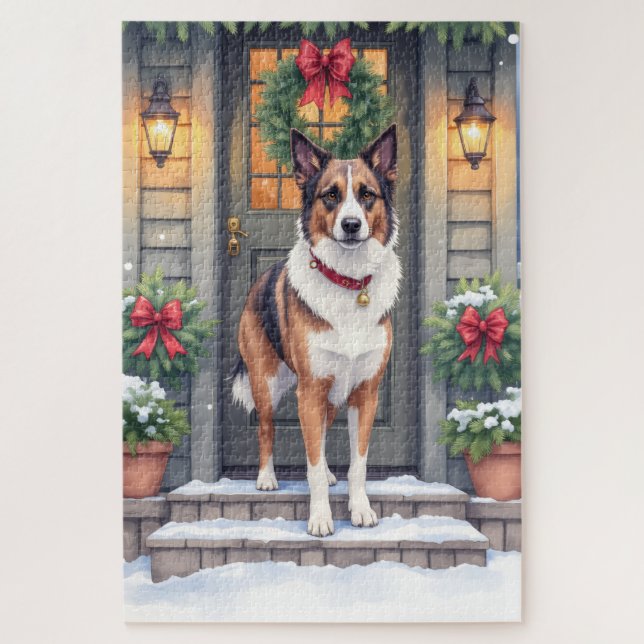 Watercolor Beauceron Rustic Porch Christmas Jigsaw Puzzle (Vertical)