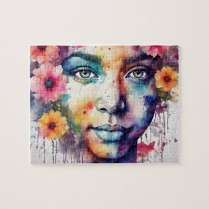 Watercolor Beautiful Black Woman With Flowers Jigsaw Puzzle