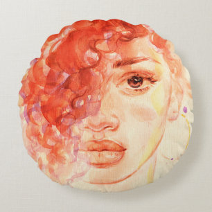 Watercolor beautiful girl round cushion