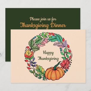 Watercolor Beautiful Pumpkin Wreath with leaves Invitation