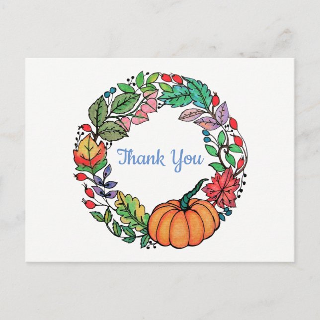 Watercolor Beautiful Pumpkin Wreath with leaves Postcard (Front)