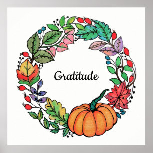 Watercolor Beautiful Pumpkin Wreath with leaves Poster