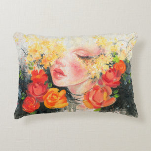 Watercolor beautiful woman and flowers decorative cushion
