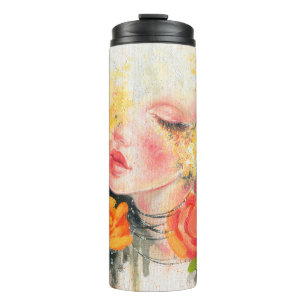 Watercolor beautiful woman and flowers thermal tumbler