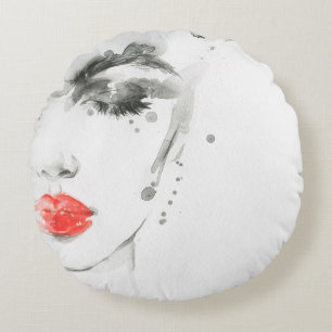 Watercolor beautiful woman face round cushion