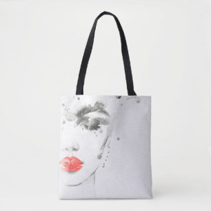 Watercolor beautiful woman face tote bag