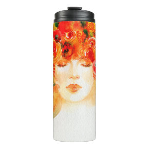 Watercolor beautiful woman wearing wreath thermal tumbler