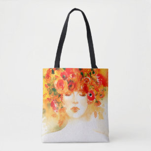 Watercolor beautiful woman wearing wreath tote bag