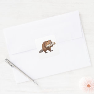 Watercolor Beaver Carrying a Birch Log Square Sticker