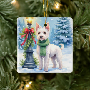 Watercolor Bedlington Terrier Lamppost Christmas Ceramic Ornament