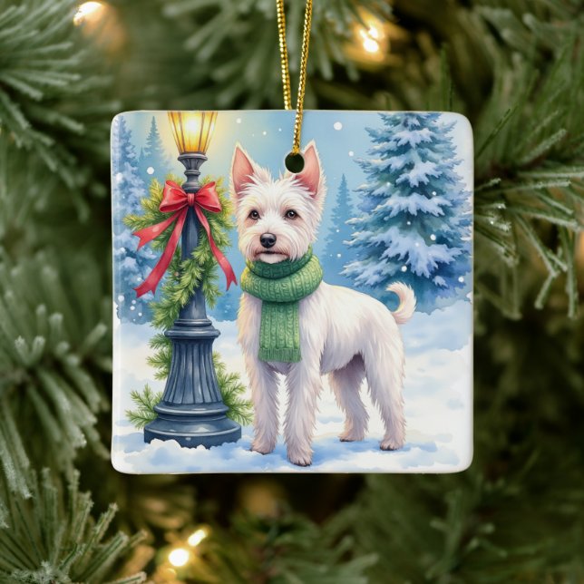 Watercolor Bedlington Terrier Lamppost Christmas Ceramic Ornament (Tree)