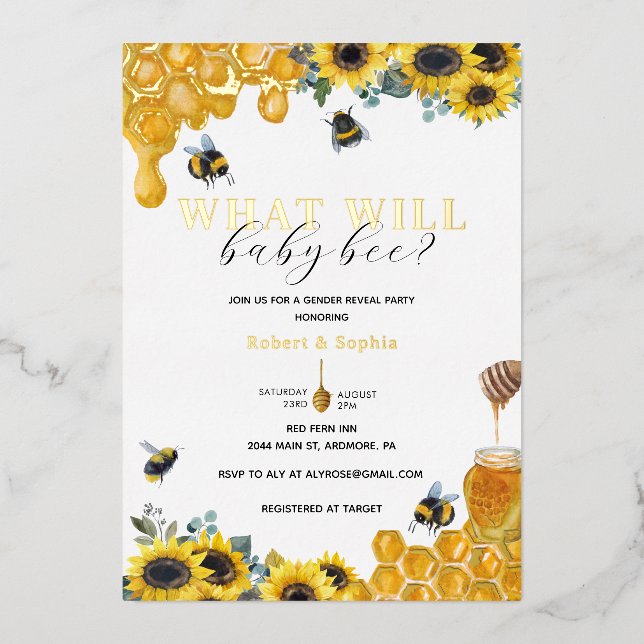 Watercolor Bee Gender Reveal Gold (Front)