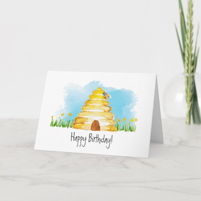 Watercolor Bee Happy Birthday Card (Front)