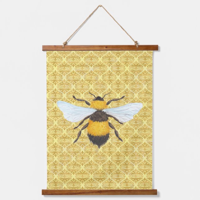 Watercolor Bee on Damask   Hanging Tapestry (Front)
