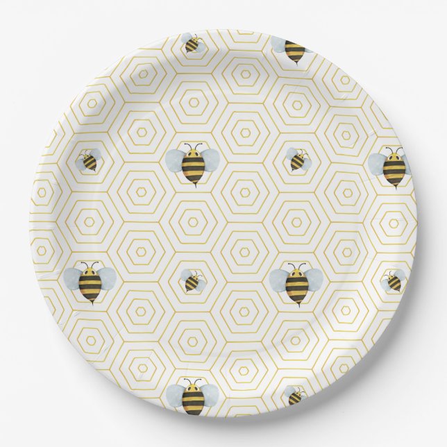 Watercolor Bee Pattern Paper Plate (Front)