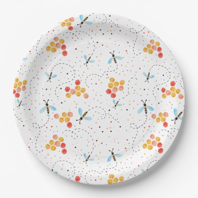 Watercolor Bee Pattern Paper Plate (Front)