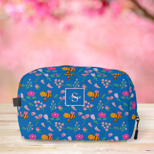 Watercolor Bee & Pink Wildflowers Monogram Blue Dopp Kit