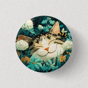 Watercolor Bee Sleeping Cat Flower Garden 3 Cm Round Badge