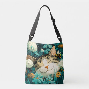 Watercolor Bee Sleeping Cat Flower Garden Crossbody Bag