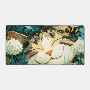 Watercolor Bee Sleeping Cat Flower Garden Desk Mat