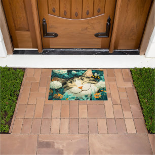 Watercolor Bee Sleeping Cat Flower Garden Doormat