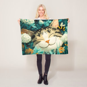 Watercolor Bee Sleeping Cat Flower Garden Fleece Blanket