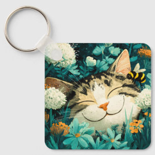 Watercolor Bee Sleeping Cat Flower Garden Key Ring