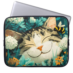 Watercolor Bee Sleeping Cat Flower Garden Laptop Sleeve