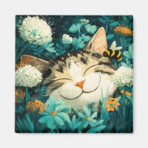 Watercolor Bee Sleeping Cat Flower Garden Magnet