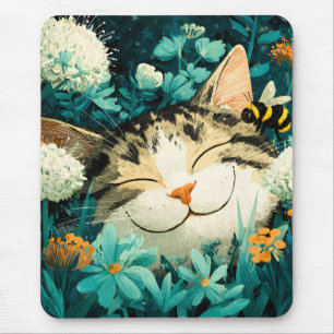 Watercolor Bee Sleeping Cat Flower Garden Mouse Pad