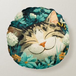 Watercolor Bee Sleeping Cat Flower Garden Round Cushion