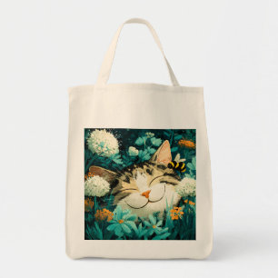 Watercolor Bee Sleeping Cat Flower Garden Tote Bag