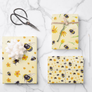 Watercolor Bees and Flowers Wrapping Paper Sheet