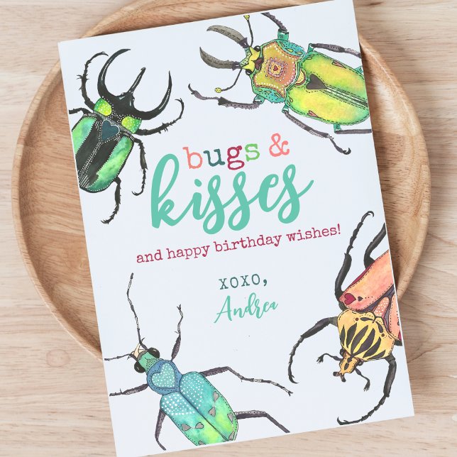 Watercolor Beetles Bugs and Kisses Birthday Card (Creator Uploaded)