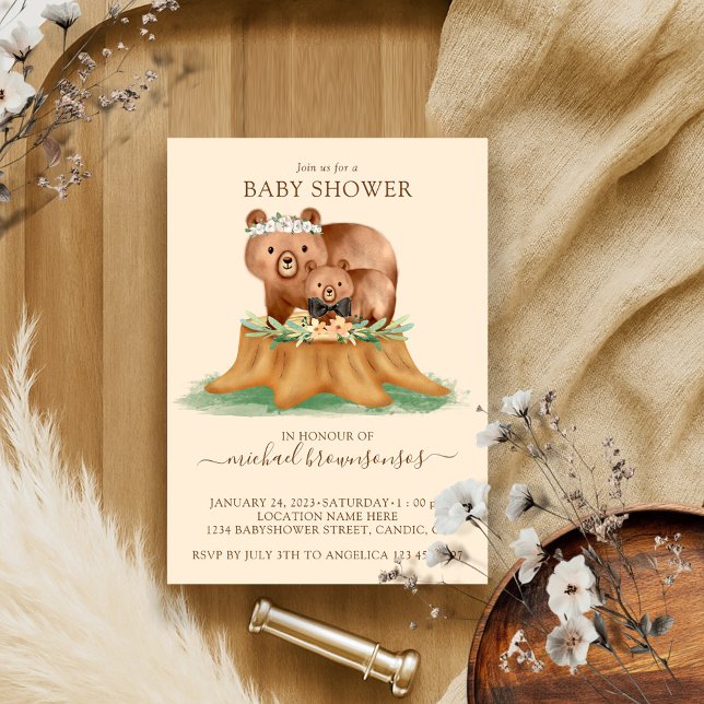 Watercolor Beige Bear Baby Boy Invitation (Creator Uploaded)