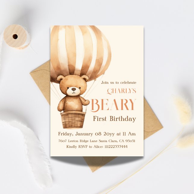 Watercolor Beige Beary First 1st Birthday Invitation (Creator Uploaded)
