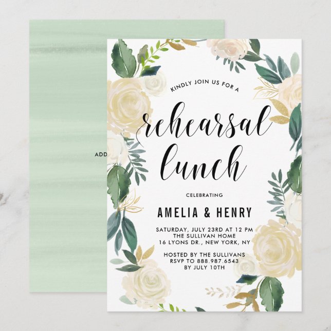 Watercolor Beige Peonies Wreath Rehearsal Lunch Invitation (Front/Back)