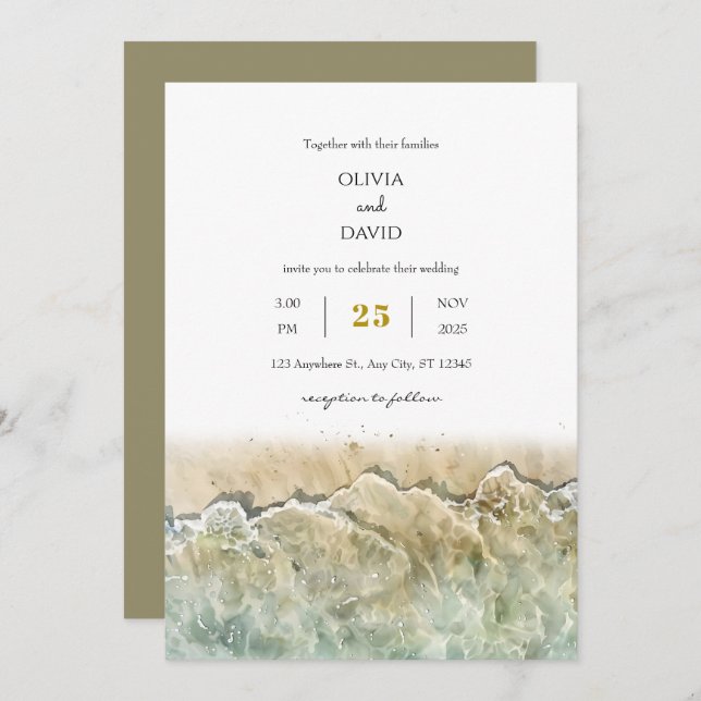Watercolor Beige Summer Sea Shore Beach Wedding  Invitation (Front/Back)