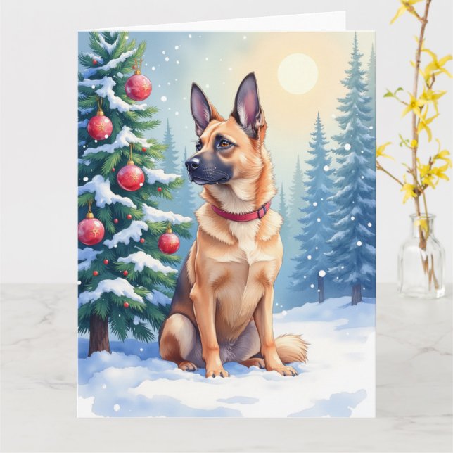 Watercolor Belgian Malinois Evergreen Christmas Card (Yellow Flower)