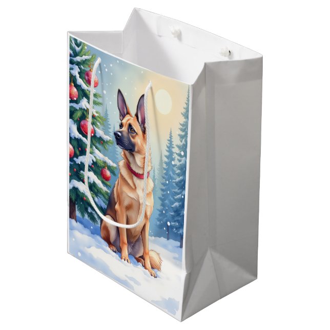 Watercolor Belgian Malinois Evergreen Christmas Medium Gift Bag (Front Angled)