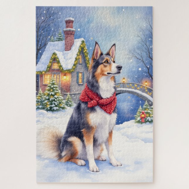 Watercolor Belgian Sheepdog Winter Christmas Jigsaw Puzzle (Vertical)