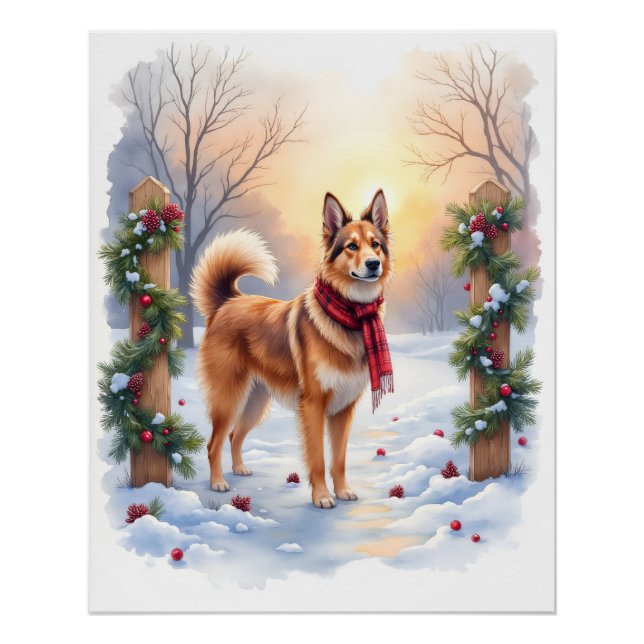 Watercolor Belgian Tervuren Garland Christmas Poster (Front)