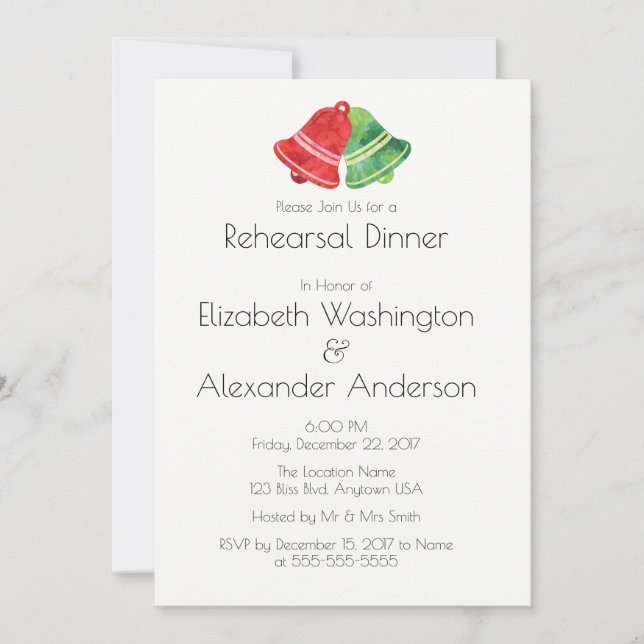 Watercolor Bell Christmas Wedding Rehearsal Dinner Invitation (Front)